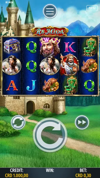 Re Mida in verticale su un telefono: i cinque rulli, il tasto di gioco e la barra del credito